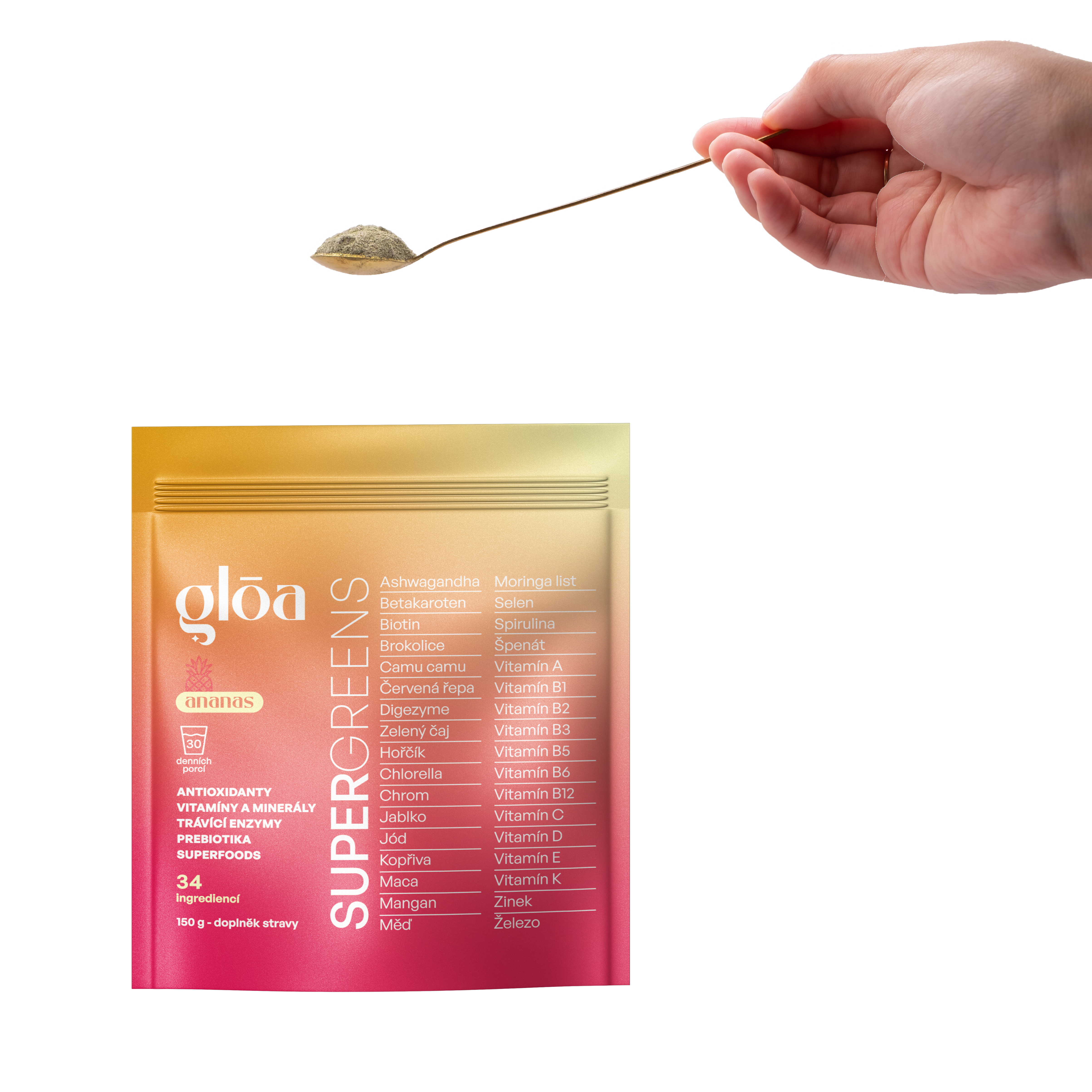 První krok přípravy Gloā Supergreens – nabrat jednu zarovnanou lžičku směsi (5 g) pro ideální denní dávku přírodních superpotravin.