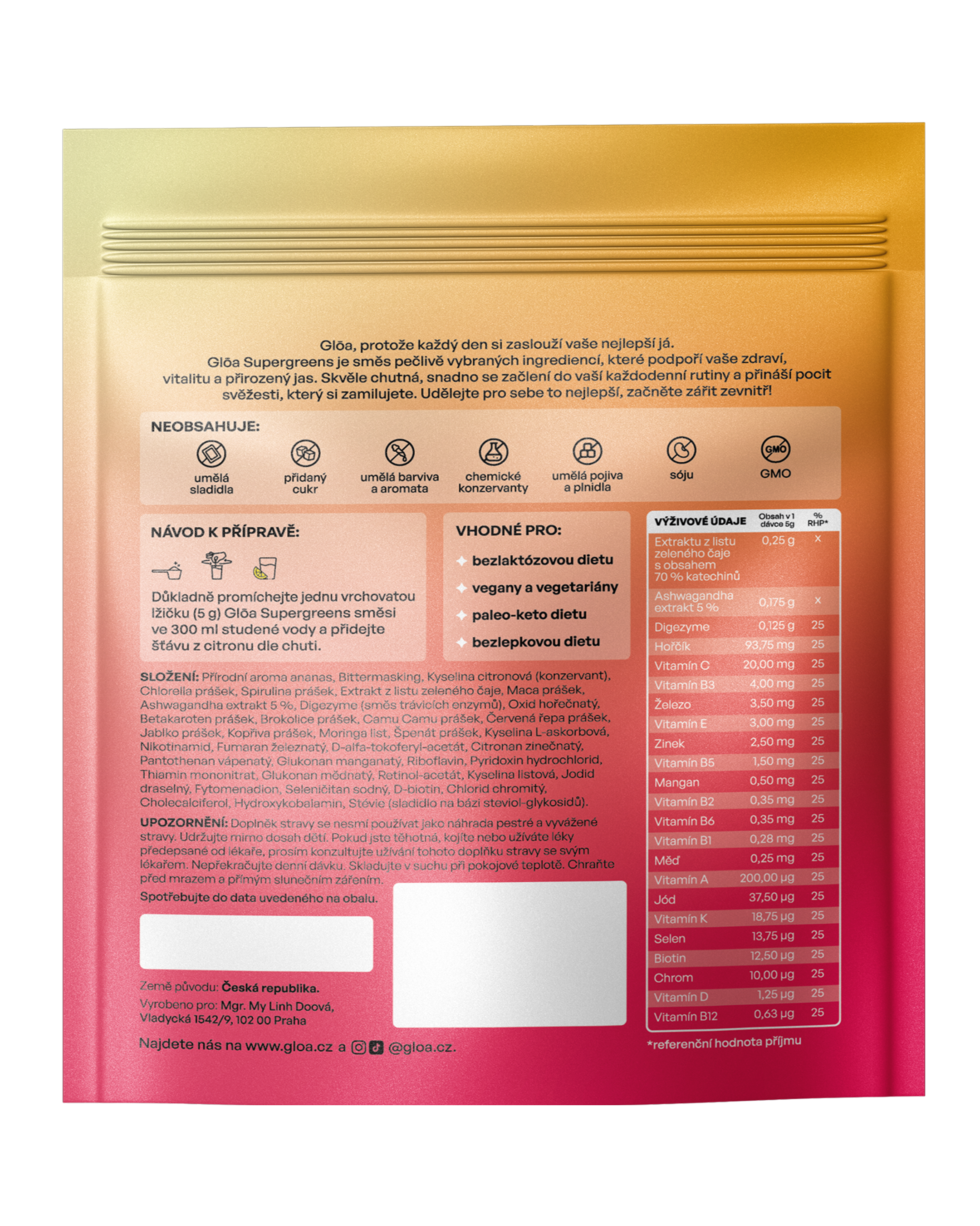 Zadní strana balení doplňku stravy Gloā Supergreens s kompletním složením, výživovými hodnotami, instrukcemi k použití a přehledem hlavních benefitů. Prémiová směs superpotravin pro ženy, bez umělých sladidel a chemie.