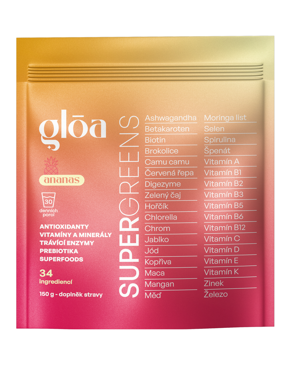 Přední strana balení doplňku stravy Gloā Supergreens s ananasovou příchutí. Obsahuje 34 aktivních látek – antioxidanty, vitamíny, minerály, enzymy, prebiotika a superpotraviny. Balení na 30 dní.