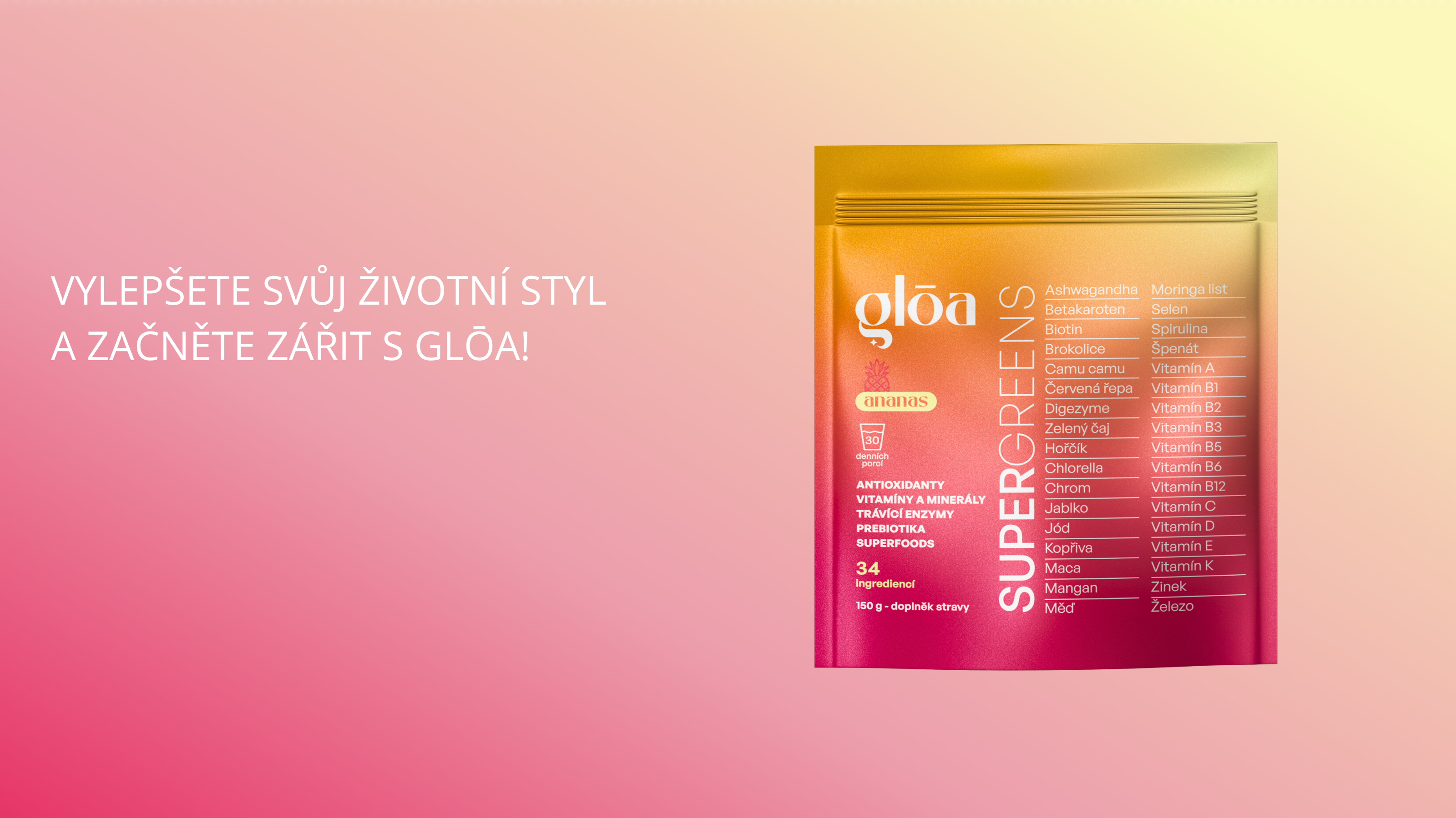 Hero image balení doplňku stravy glōa supergreens s ananasovou příchutí na růžovo-oranžovém pozadí a sloganem "vylepšete svůj životní styl a začněte zářit s Glōa!"